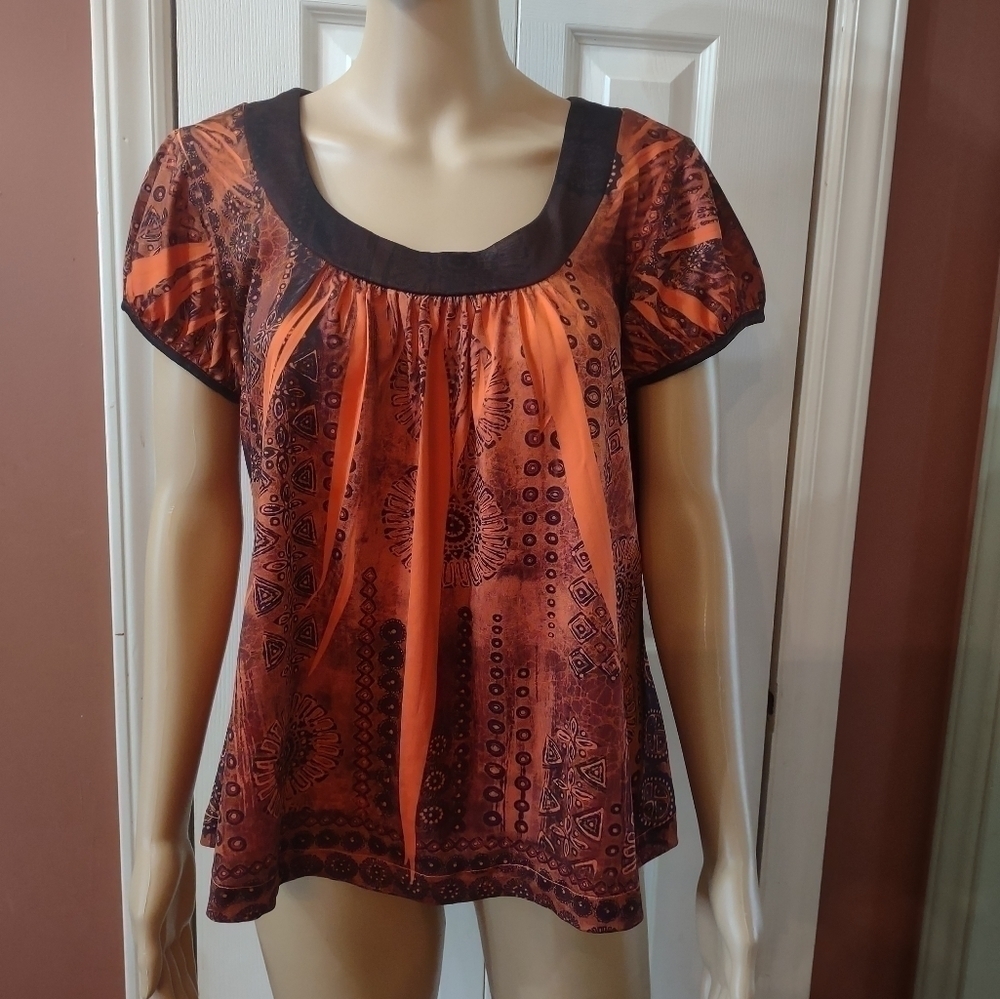 Cato women's size medium black and orange short sleeve blouse shirt top - Picture 1 of 6